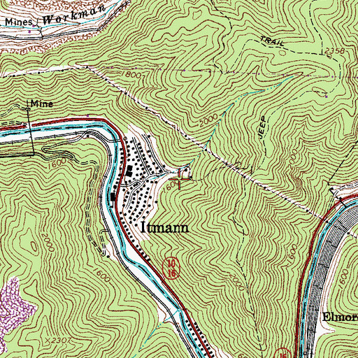 Topographic Map of Itmann Census Designated Place, WV