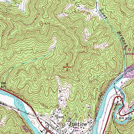 Topographic Map of Justice Census Designated Place, WV