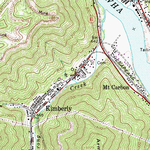 Topographic Map of Kimberly Census Designated Place, WV