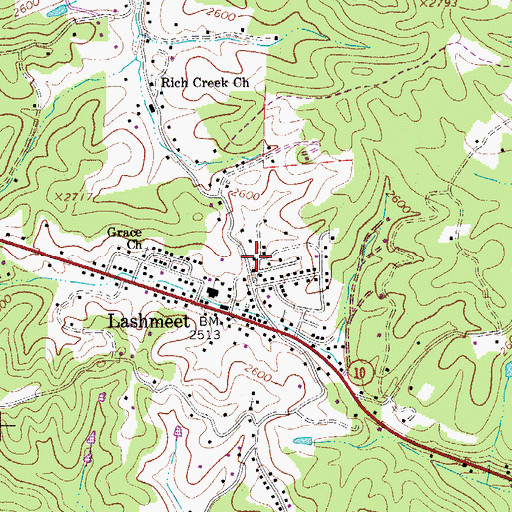 Topographic Map of Lashmeet Census Designated Place, WV