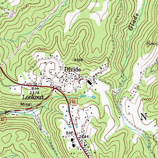Topographic Map of Lookout Census Designated Place, WV