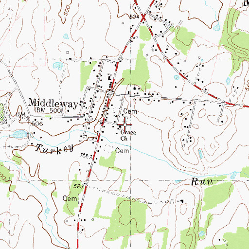 Topographic Map of Middleway Census Designated Place, WV