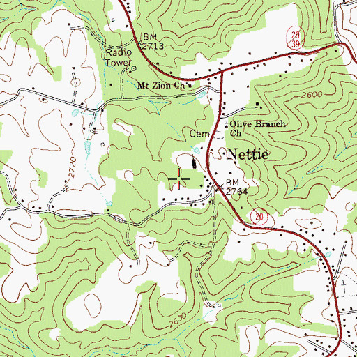 Topographic Map of Nettie Census Designated Place, WV