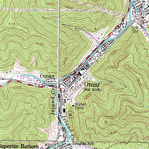 Topographic Map of Omar Census Designated Place, WV