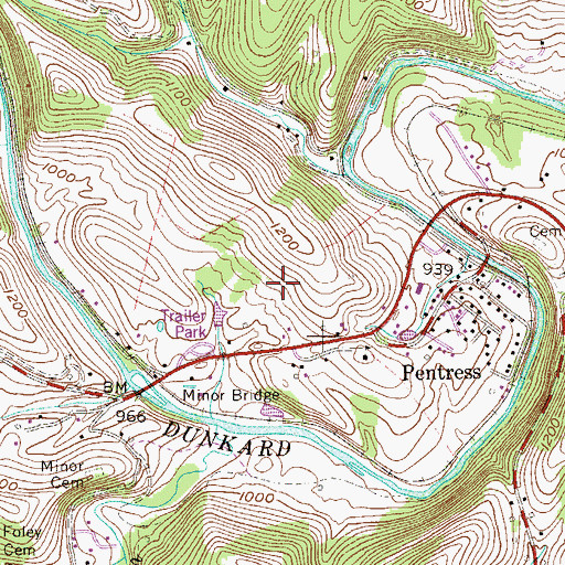 Topographic Map of Pentress Census Designated Place, WV
