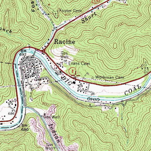 Topographic Map of Racine Census Designated Place, WV