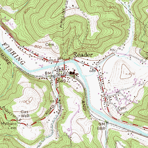 Topographic Map of Reader Census Designated Place, WV