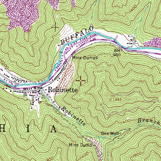 Topographic Map of Robinette Census Designated Place, WV