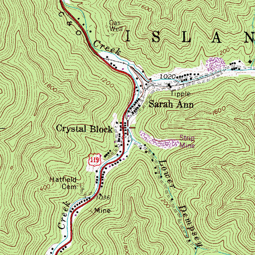 Topographic Map of Sarah Ann Census Designated Place, WV