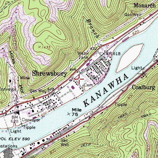 Topographic Map of Shrewsbury Census Designated Place, WV
