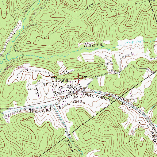 Topographic Map of Tioga Census Designated Place, WV