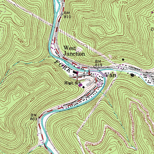 Topographic Map of Van Census Designated Place, WV