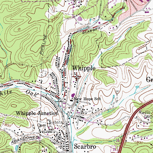 Topographic Map of Whipple Census Designated Place, WV