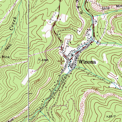 Topographic Map of Winona Census Designated Place, WV