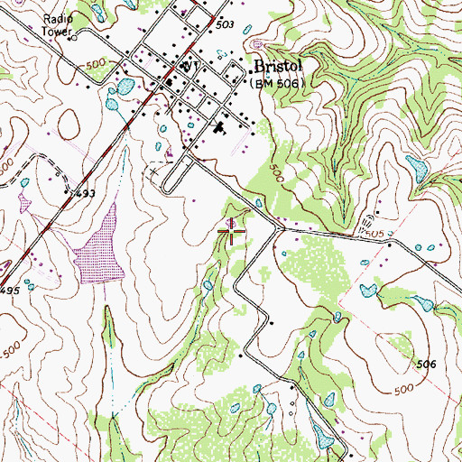 Topographic Map of Bristol Census Designated Place, TX