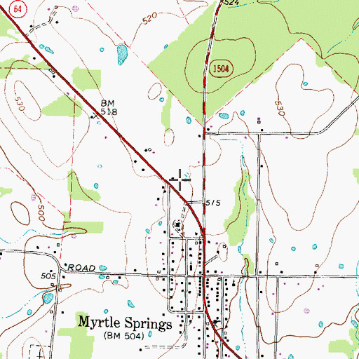 Topographic Map of Myrtle Springs Census Designated Place, TX
