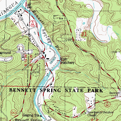 Topographic Map of Bennett Springs Census Designated Place, MO