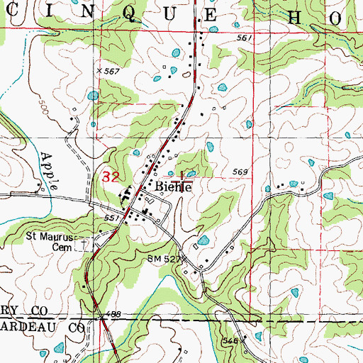Topographic Map of Biehle Census Designated Place, MO