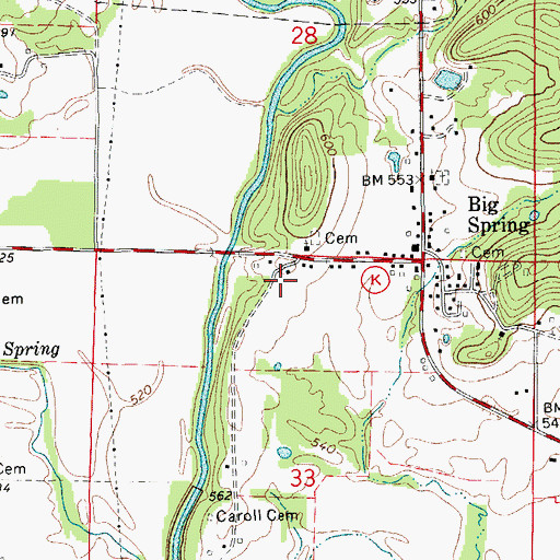 Topographic Map of Big Spring Census Designated Place, MO