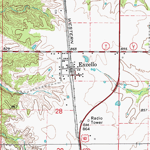 Topographic Map of Excello Census Designated Place, MO