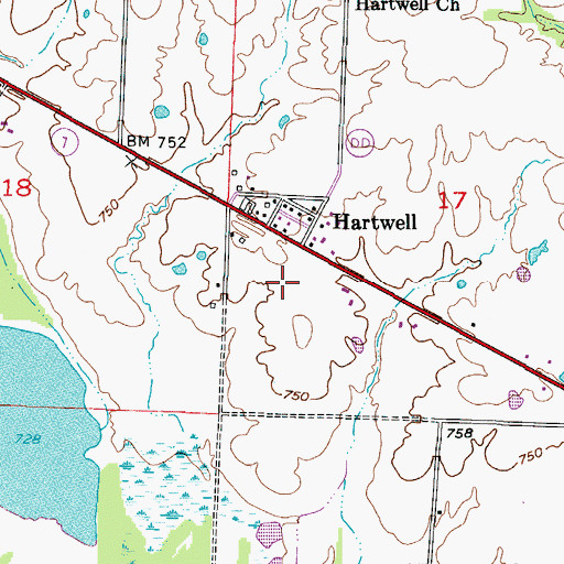 Topographic Map of Hartwell Census Designated Place, MO