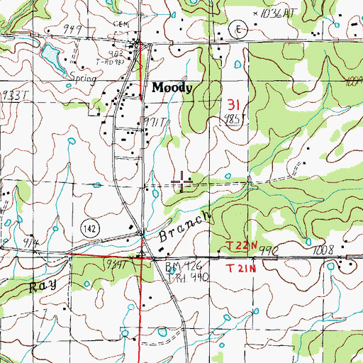Topographic Map of Moody Census Designated Place, MO