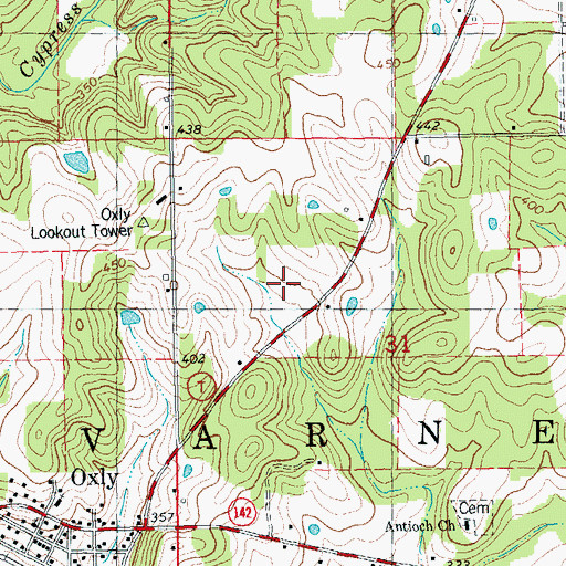 Topographic Map of Oxly Census Designated Place, MO