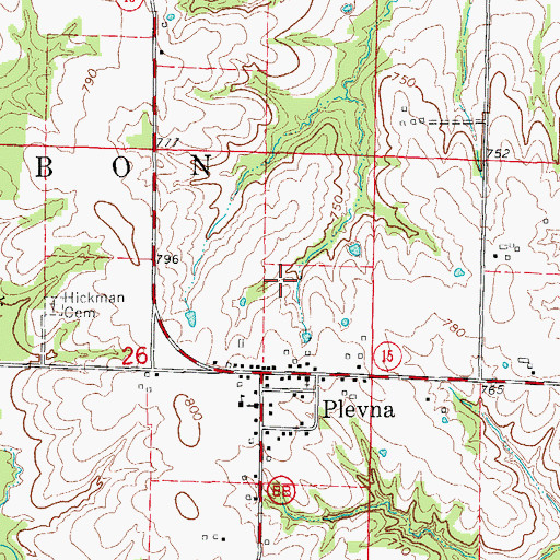 Topographic Map of Plevna Census Designated Place, MO