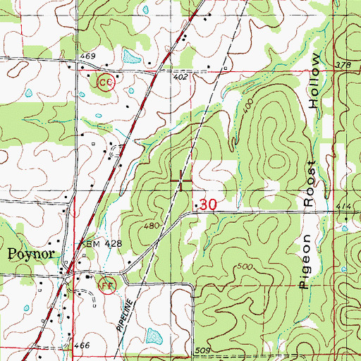 Topographic Map of Poynor Census Designated Place, MO