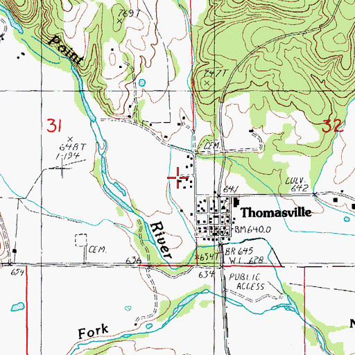 Topographic Map of Thomasville Census Designated Place, MO
