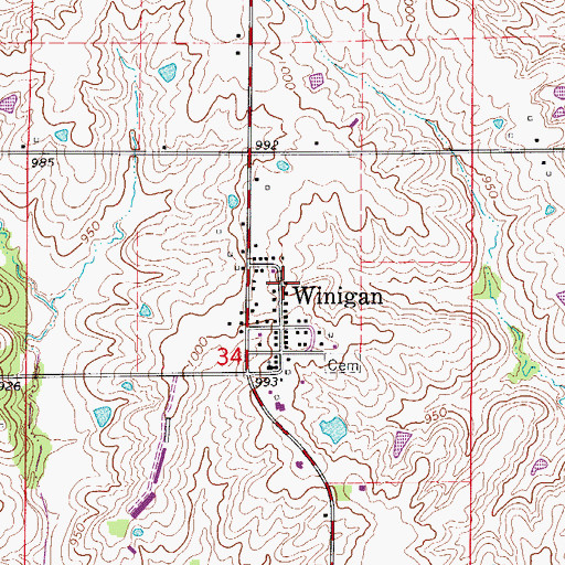 Topographic Map of Winigan Census Designated Place, MO