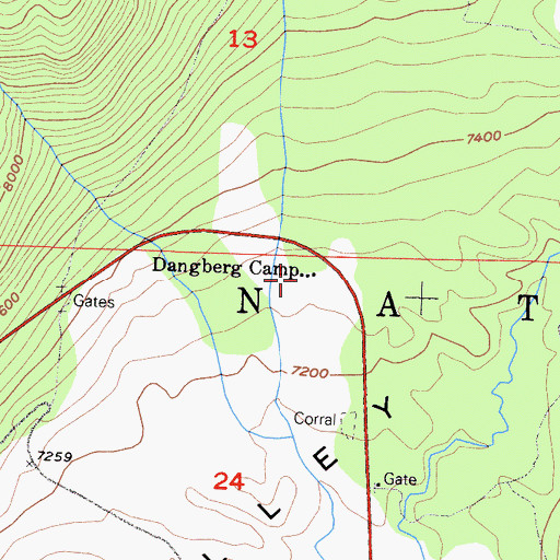 Topographic Map of Dangberg Camp, CA