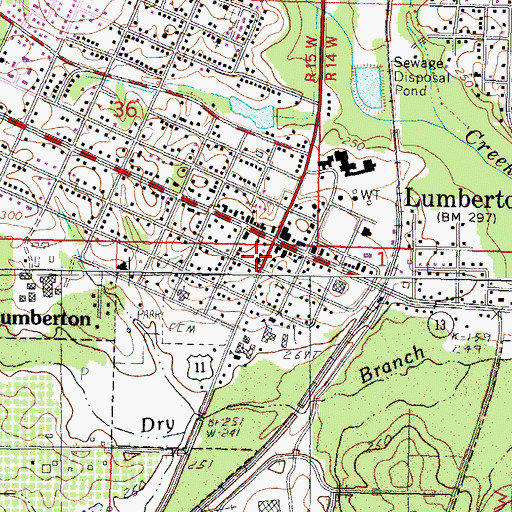 Topographic Map of Lumberton Post Office, MS