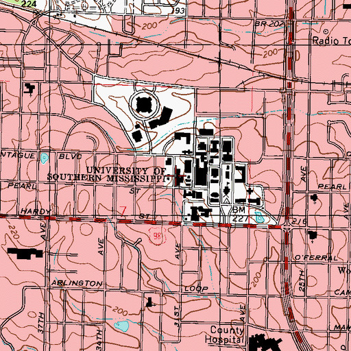 Topographic Map of University of Southern Mississippi Joseph A Greene Hall, MS