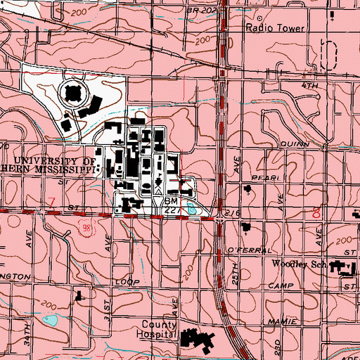 Topographic Map of University of Southern Mississippi Kennard Washington Hall, MS