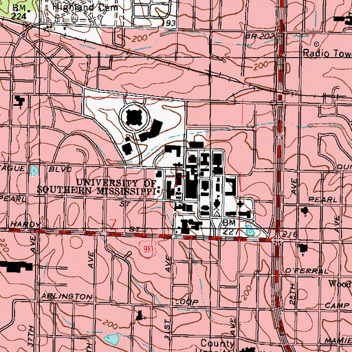 Topographic Map of University of Southern Mississippi Owings McQuagge Hall, MS