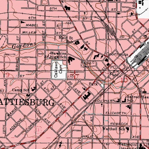 Topographic Map of The Hattiesburg Library, MS