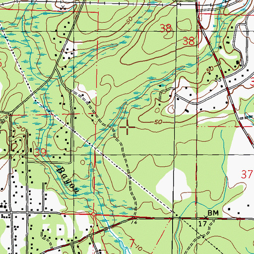 Topographic Map of The Oaks Golf Club, MS