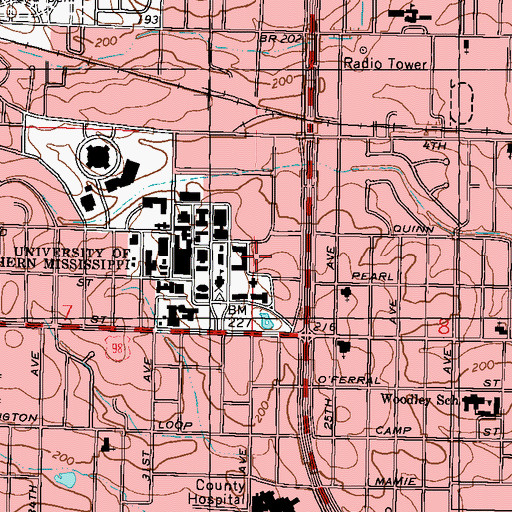 Topographic Map of University of Southern Mississippi Bolton Residence Hall, MS