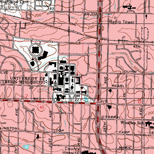 Topographic Map of University of Southern Mississippi Mississippi Residence Hall, MS