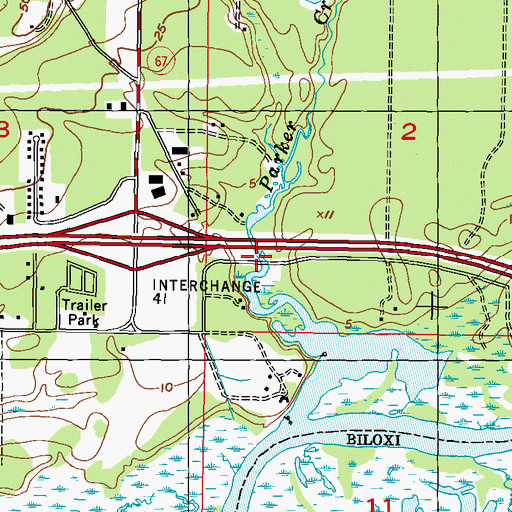 Topographic Map of Parkers Creek Boat Launch, MS