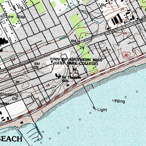 Topographic Map of University of Southern Mississippi Gulf Park Campus Hardy Hall, MS