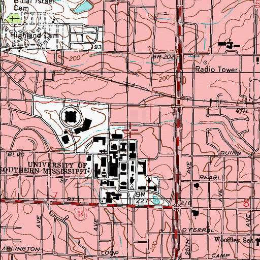 Topographic Map of University of Southern Mississippi Scott Residence Hall, MS