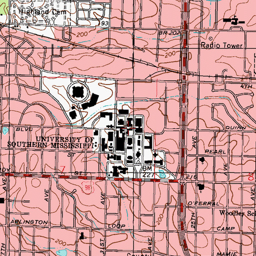 Topographic Map of University of Southern Mississippi Weathersby Hall, MS