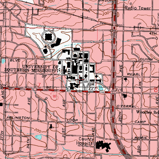 Topographic Map of University of Southern Mississippi College Hall, MS