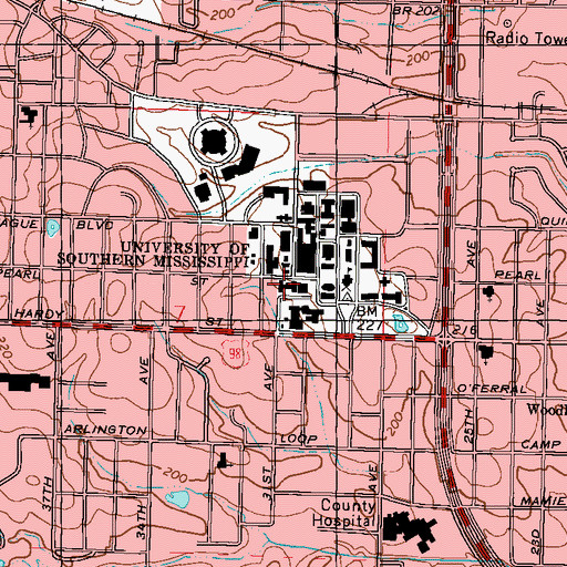 Topographic Map of University of Southern Mississippi George Hurst Building, MS