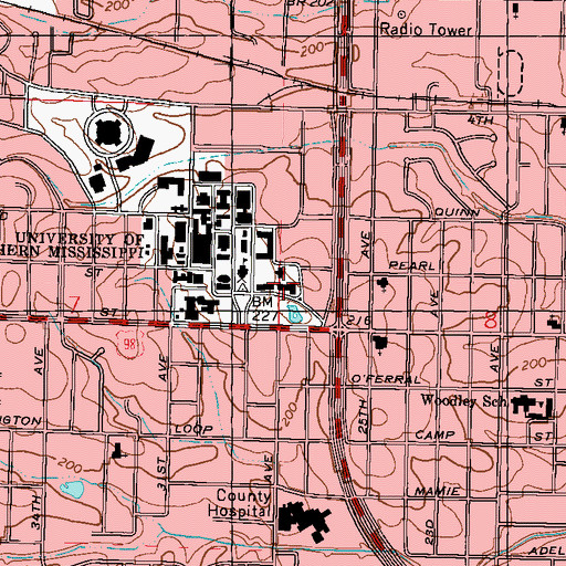 Topographic Map of University of Southern Mississippi McLemore Hall, MS