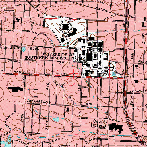 Topographic Map of University of Southern Mississippi Yelverton House, MS