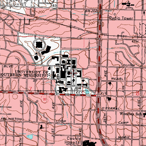 Topographic Map of University of Southern Mississippi Bennett Auditorium, MS