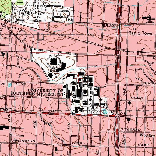 Topographic Map of University of Southern Mississippi Johnson Science Tower Facility, MS